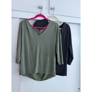 LOT OF 2 WHBM WHITE HOUSE BLACK MARKET TOPS SZ LARGE GREEN/BLACK 3/4 SLEEVE SUPE